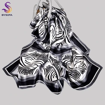 BYSIFA|Klasická Čierna Biele Pruhované Hodvábna Šatka Šatkou Vytlačené Žena Zimné Módne Šatky Elegantné Čistého Hodvábu Štvorcový Šál Hidžáb